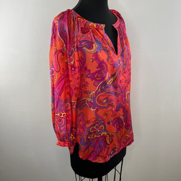 Lauren Ralph Lauren Pink Orange Multi Paisley Silk 3/4 Sleeve Blouse Colorful PS - Picture 2 of 9